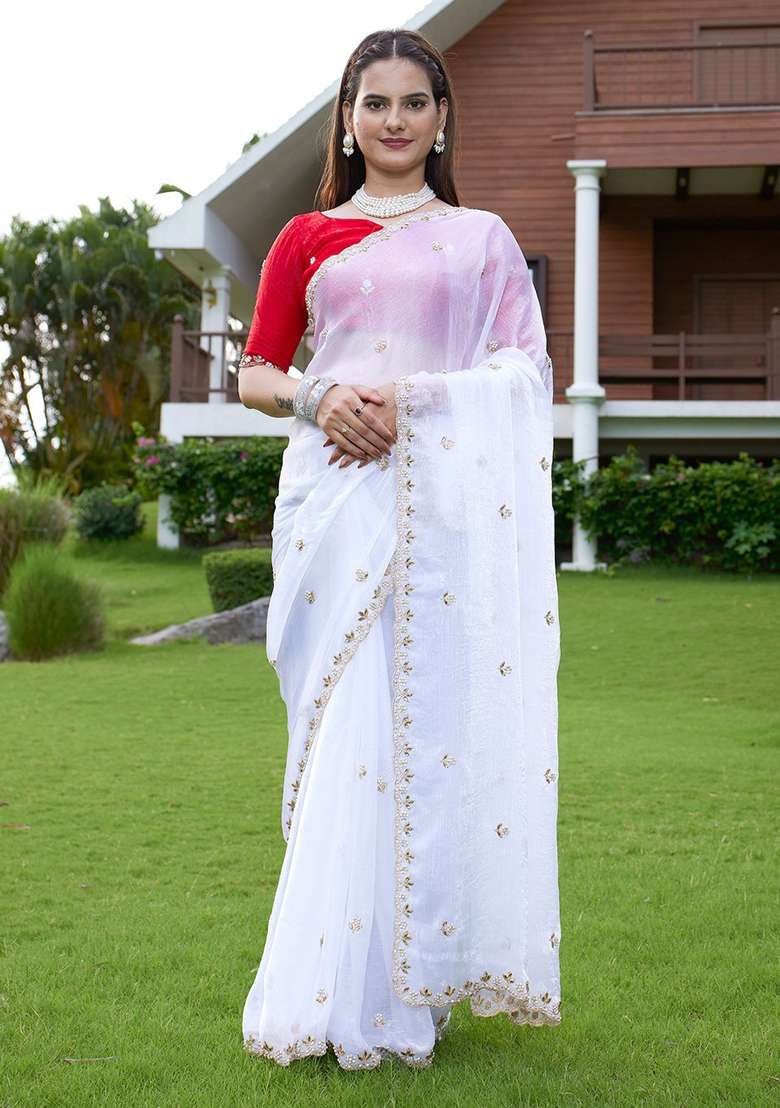 Red Embroidered Chiffon Saree Set - Indya