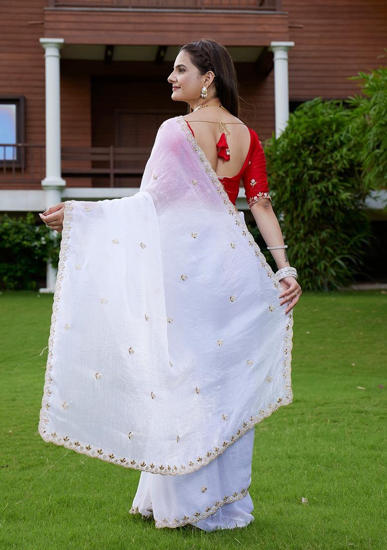 Red Embroidered Chiffon Saree Set