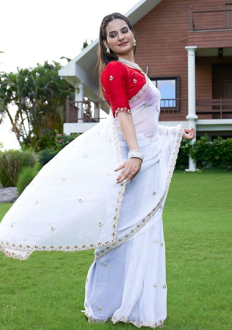 Red Embroidered Chiffon Saree Set - Indya