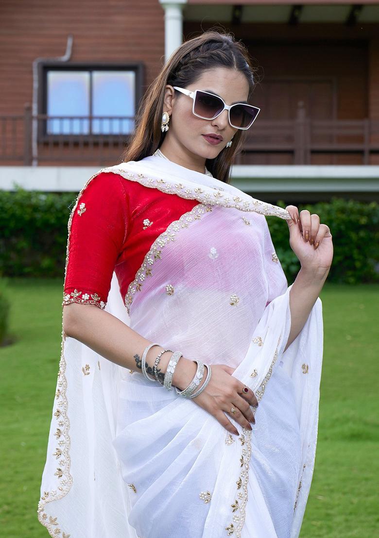 Red Embroidered Chiffon Saree Set