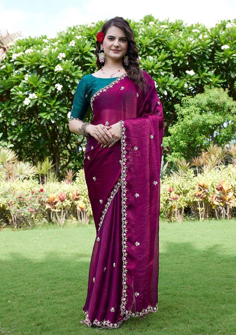 Green Embroidered Georgette Saree Set - Indya