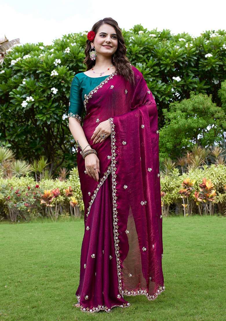 Green Embroidered Georgette Saree Set - Indya