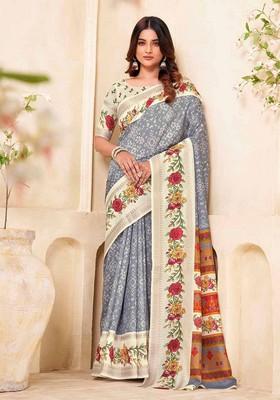 Grey Embroidered Silk Saree Set