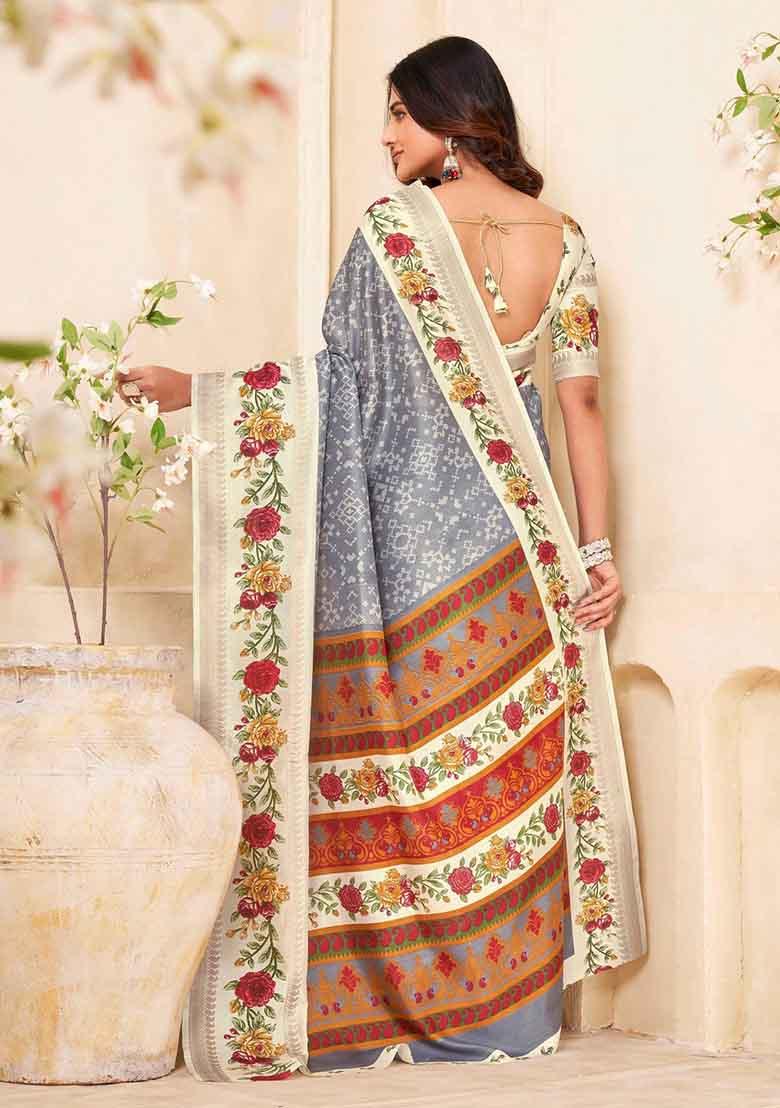 Grey Embroidered Silk Saree Set