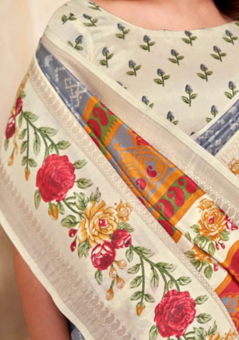 Grey Embroidered Silk Saree Set