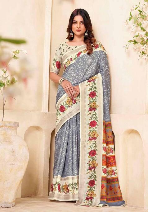 Grey Embroidered Silk Saree Set