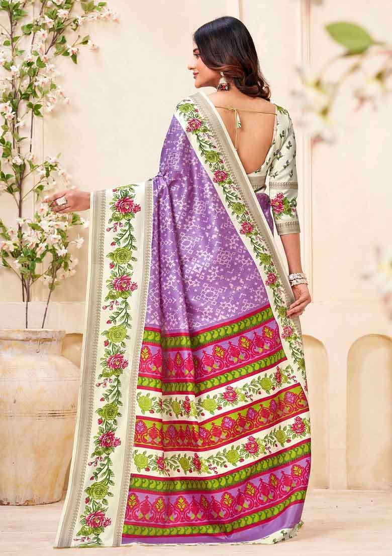 Lavender Embroidered Silk Saree Set - Indya