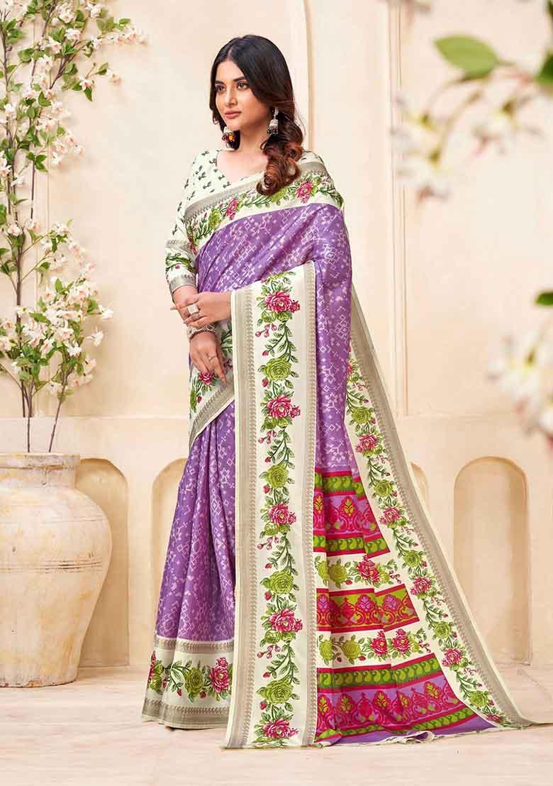 Lavender Embroidered Silk Saree Set