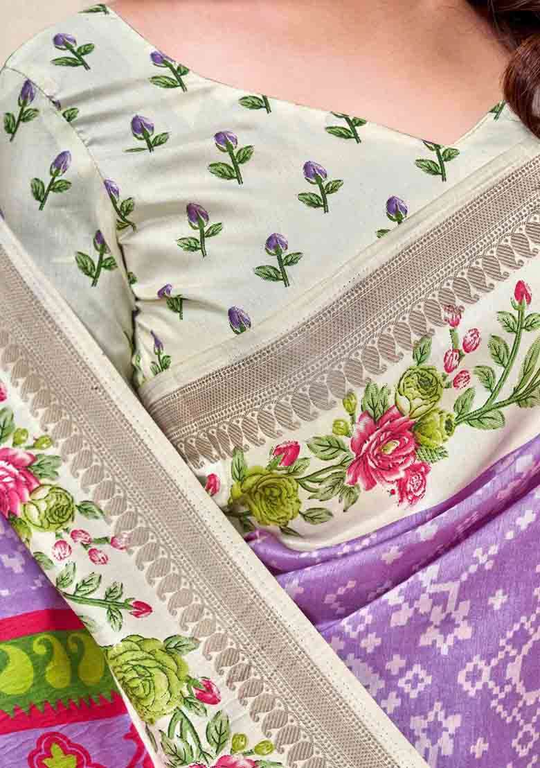 Lavender Embroidered Silk Saree Set - Indya