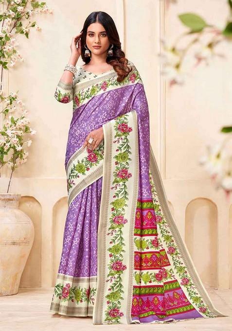 Lavender Embroidered Silk Saree Set