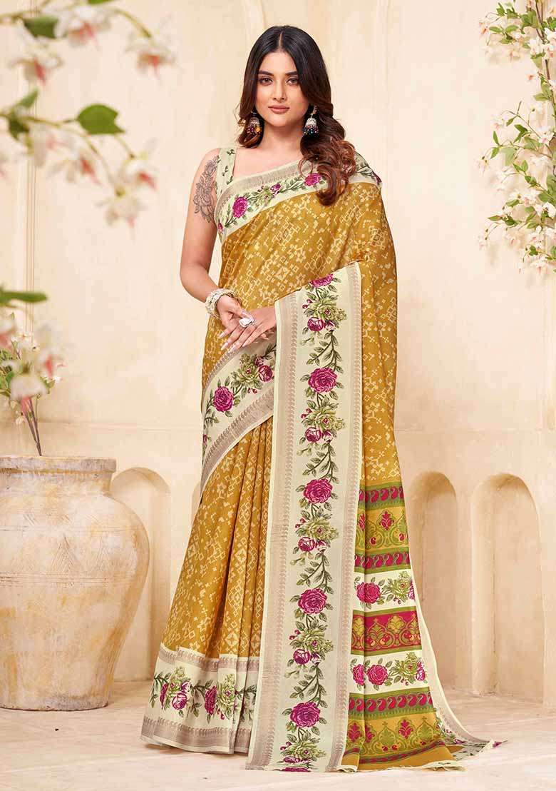 Mustard Embroidered Silk Saree Set - Indya