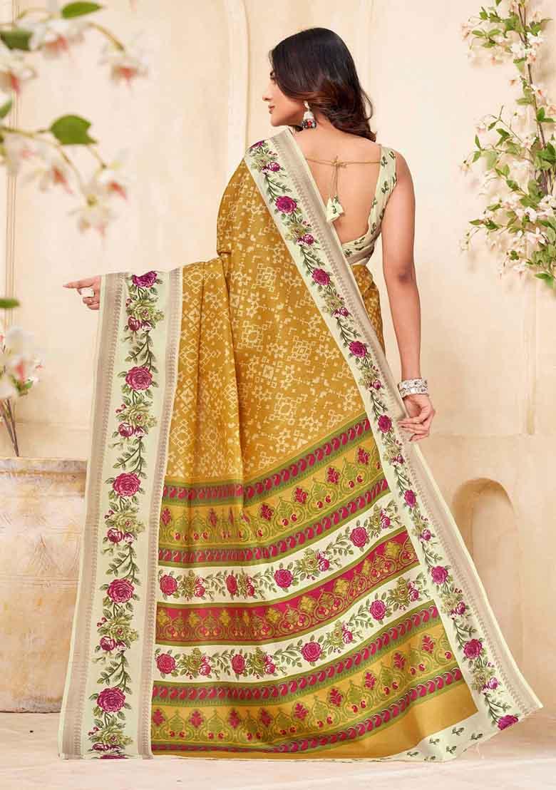 Mustard Embroidered Silk Saree Set