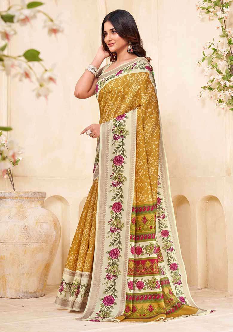 Mustard Embroidered Silk Saree Set - Indya