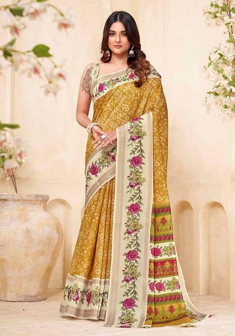 Mustard Embroidered Silk Saree Set