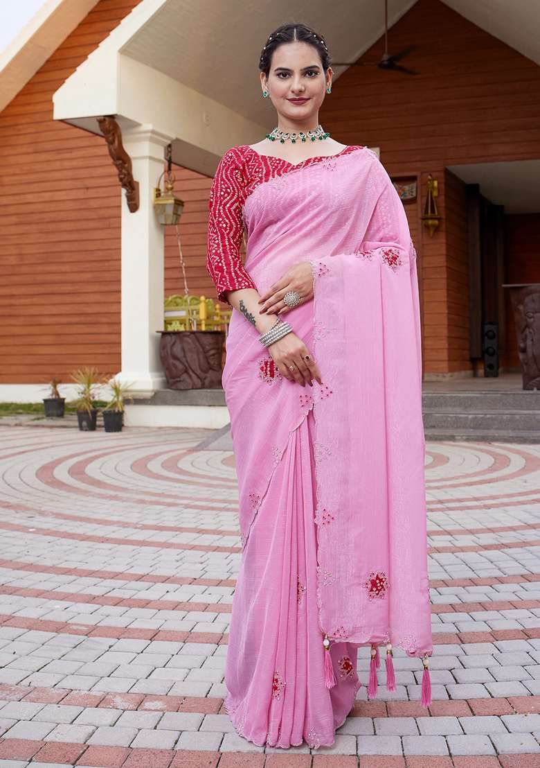 Babypink Embroidered Chiffon Saree Set - Indya