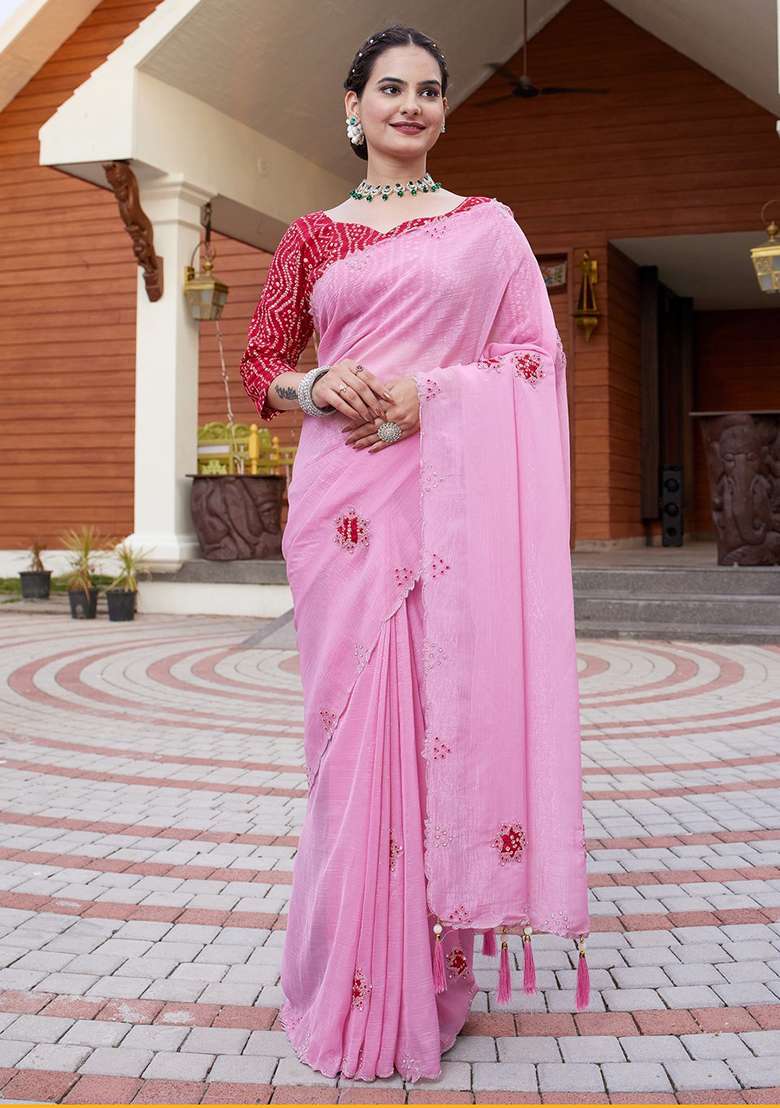 Babypink Embroidered Chiffon Saree Set - Indya