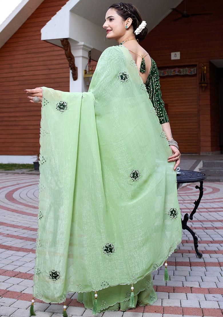 Pista Embroidered Chiffon Saree Set