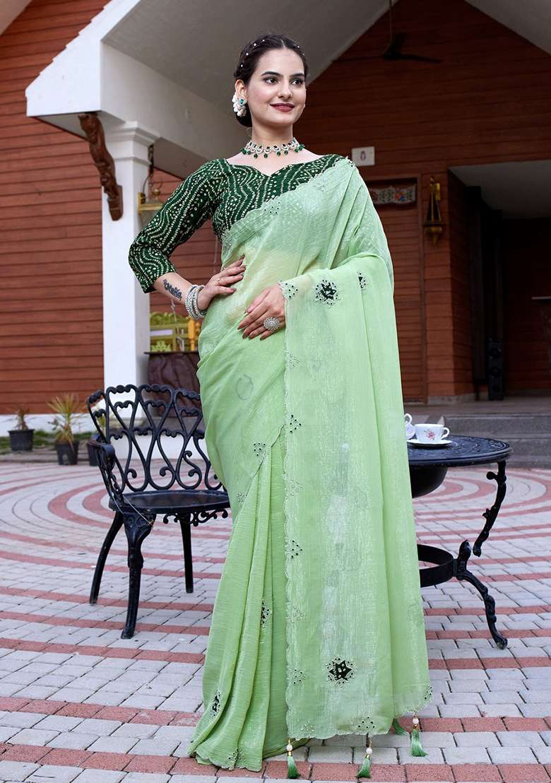 Pista Embroidered Chiffon Saree Set - Indya