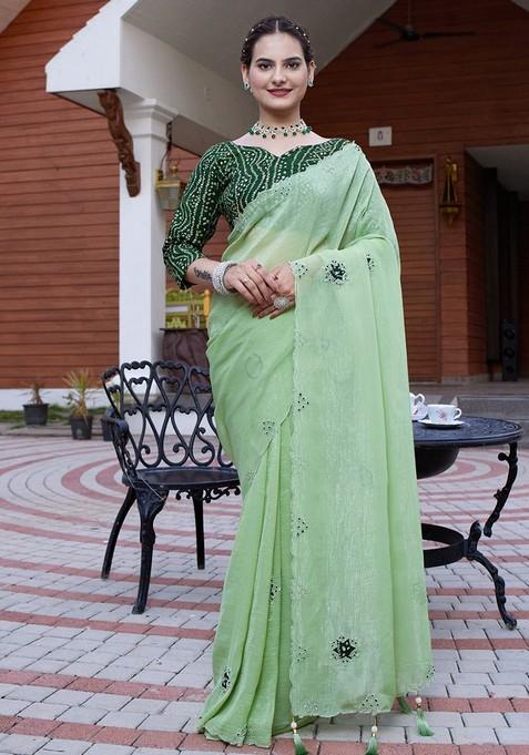 Pista Embroidered Chiffon Saree Set
