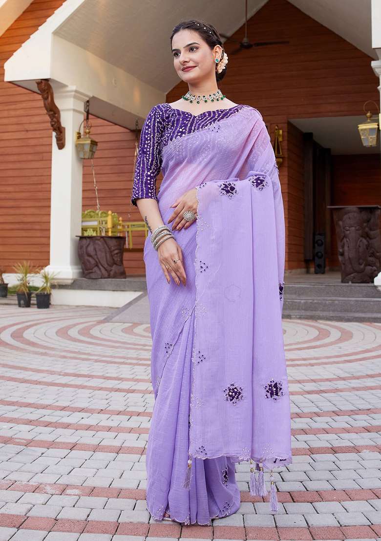 Purple Embroidered Chiffon Saree Set - Indya