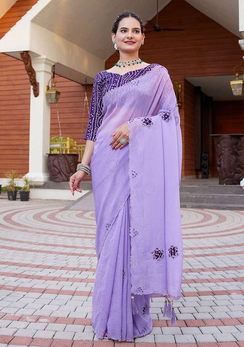 Purple Embroidered Chiffon Saree Set - Indya