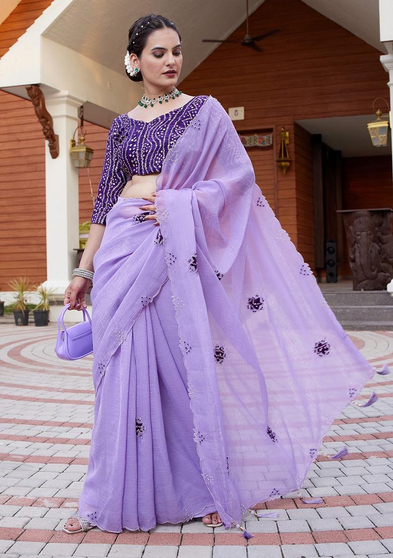 Purple Embroidered Chiffon Saree Set