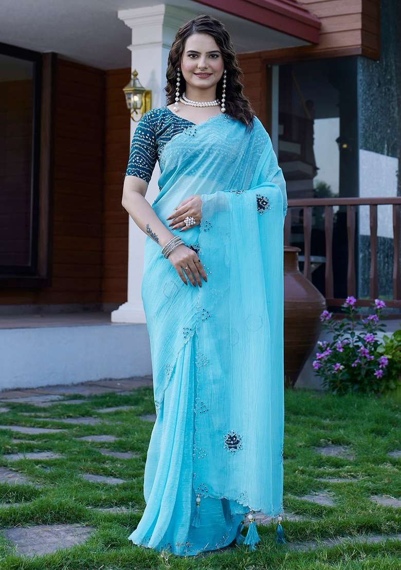 Sky Embroidered Chiffon Saree Set - Indya