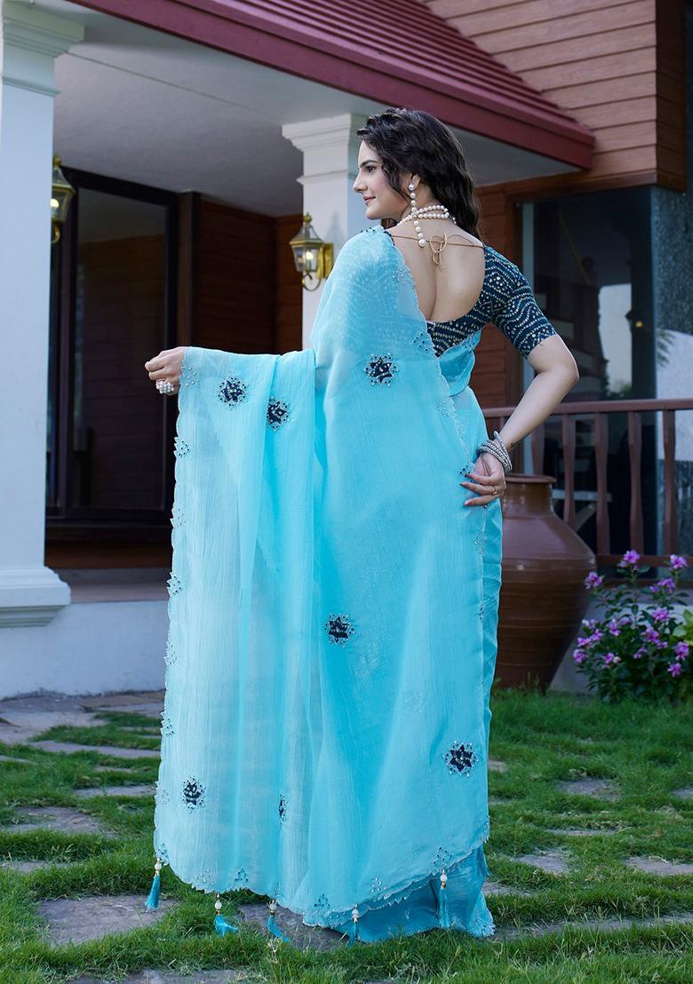 Sky Embroidered Chiffon Saree Set