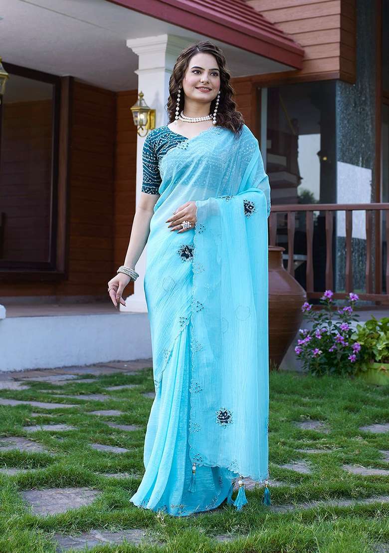 Sky Embroidered Chiffon Saree Set - Indya