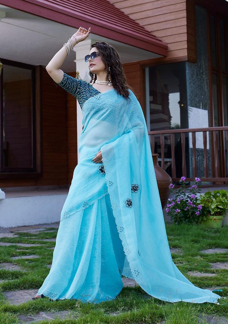 Sky Embroidered Chiffon Saree Set