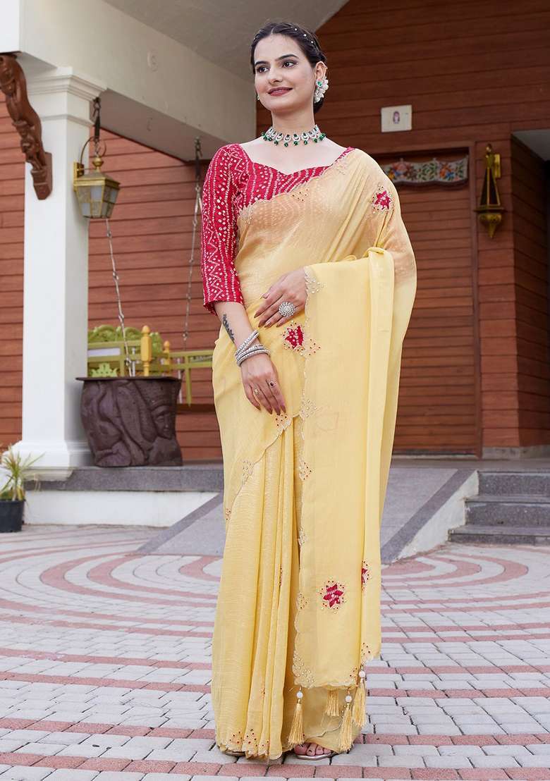 Yellow Embroidered Chiffon Saree Set - Indya