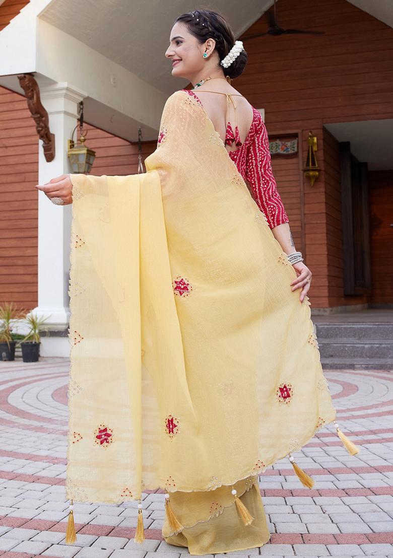 Yellow Embroidered Chiffon Saree Set