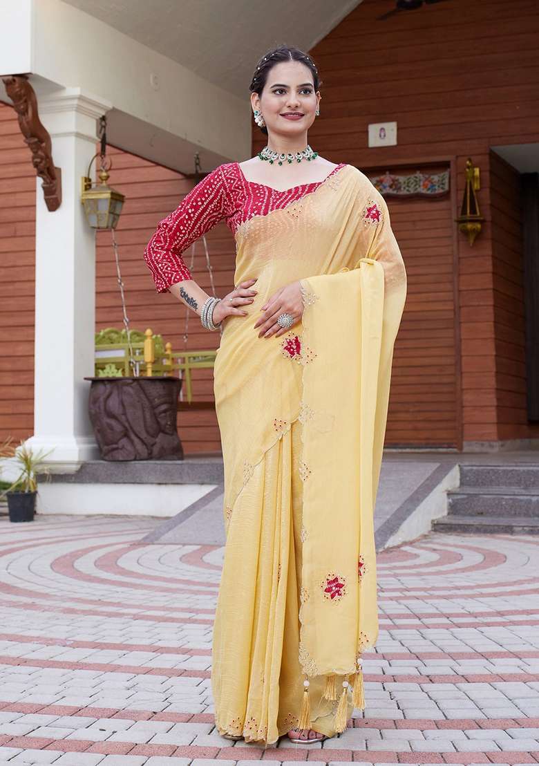 Yellow Embroidered Chiffon Saree Set - Indya