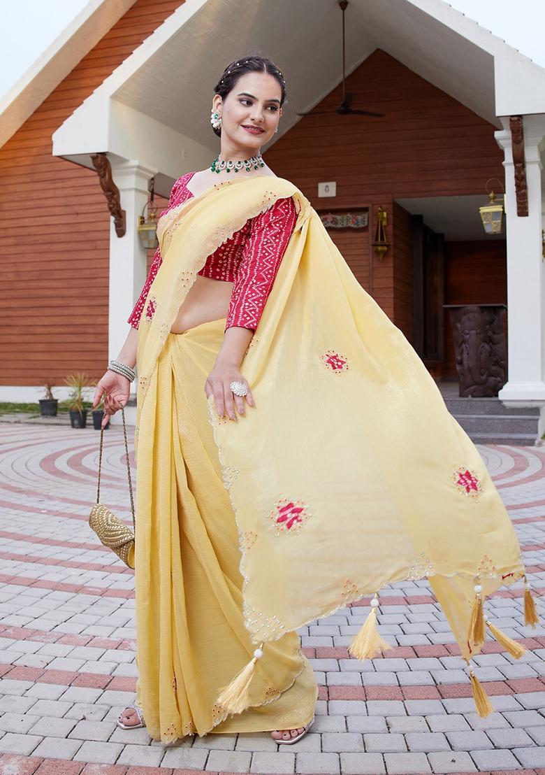 Yellow Embroidered Chiffon Saree Set