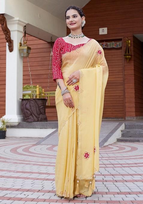 Yellow Embroidered Chiffon Saree Set
