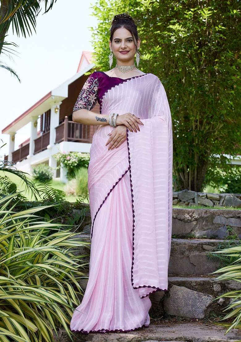 Pink Embroidered Chiffon Saree Set - Indya