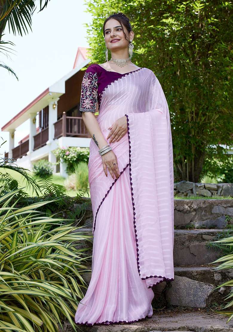 Pink Embroidered Chiffon Saree Set - Indya