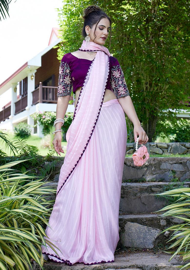 Pink Embroidered Chiffon Saree Set