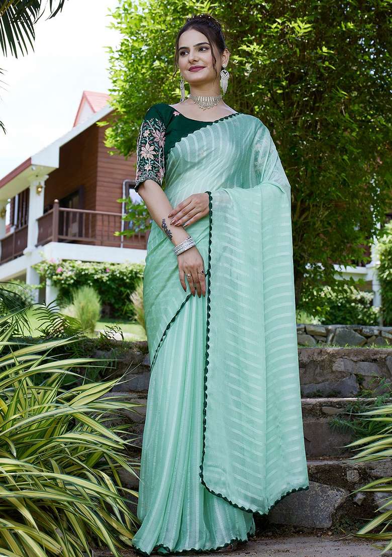 Pista Embroidered Chiffon Saree Set - Indya