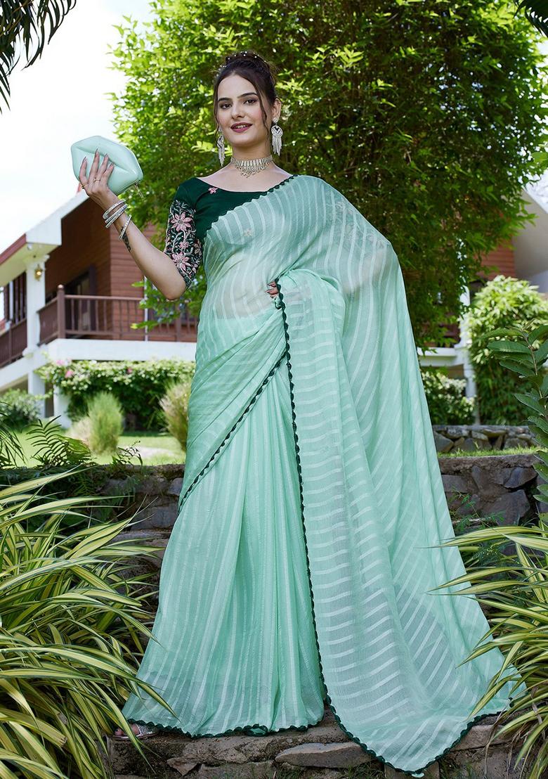 Pista Embroidered Chiffon Saree Set