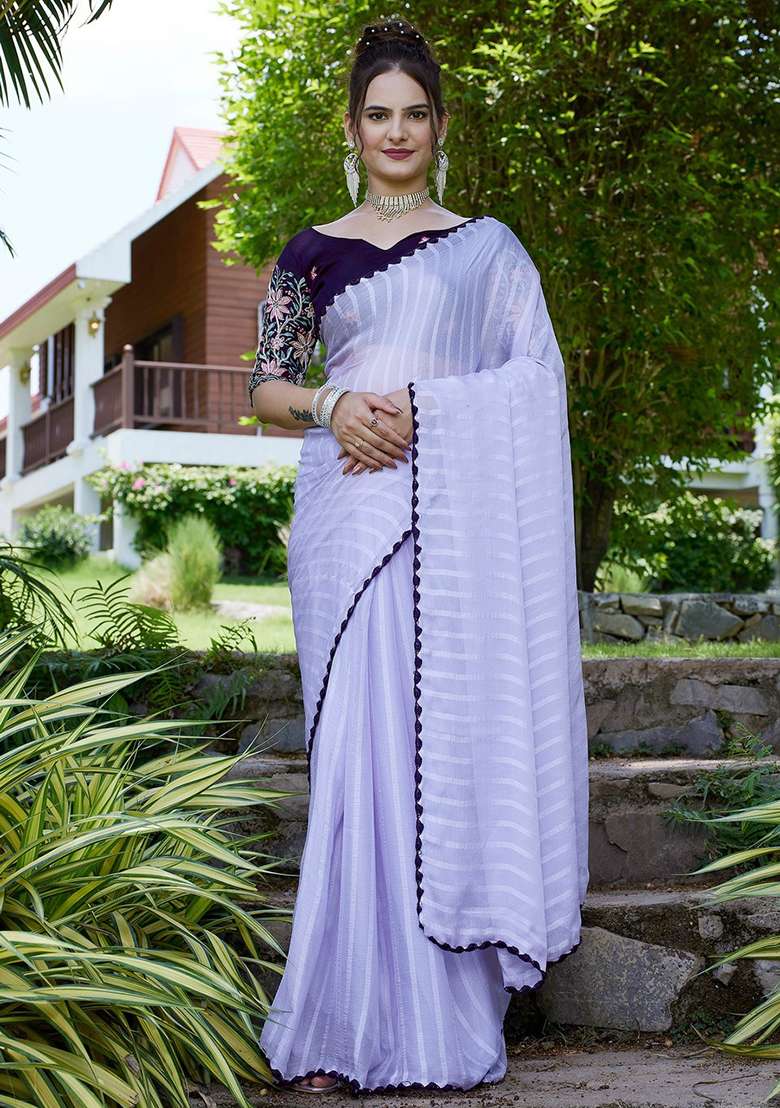 Purple Embroidered Chiffon Saree Set - Indya