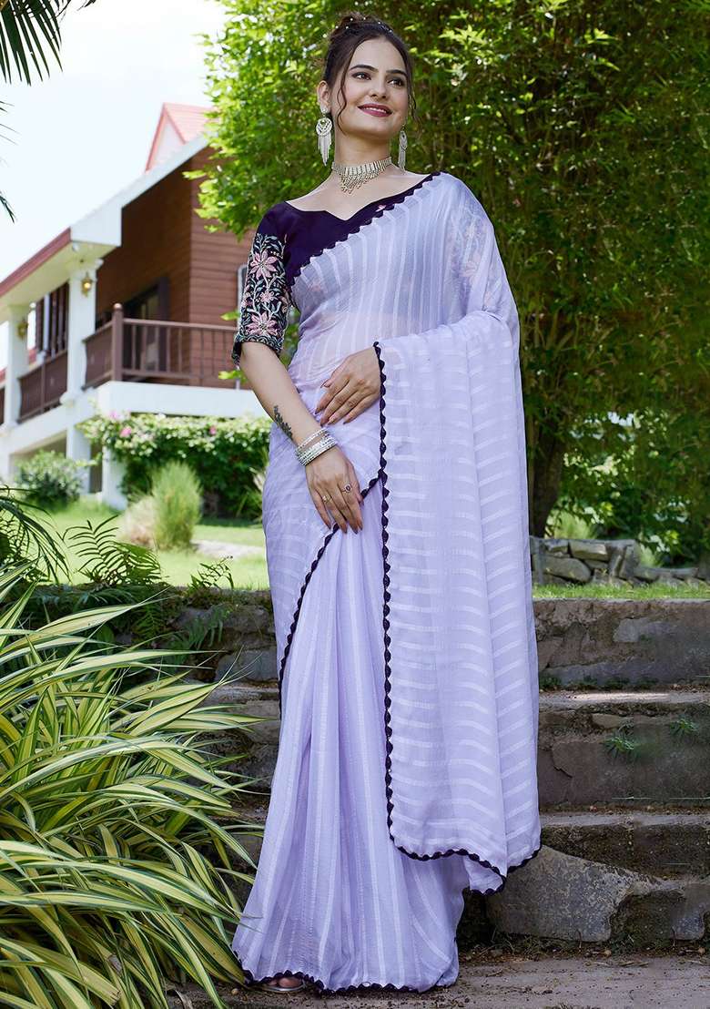 Purple Embroidered Chiffon Saree Set - Indya