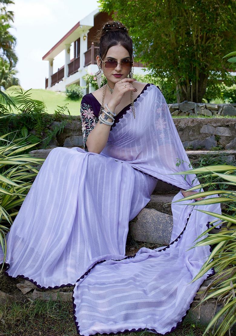Purple Embroidered Chiffon Saree Set
