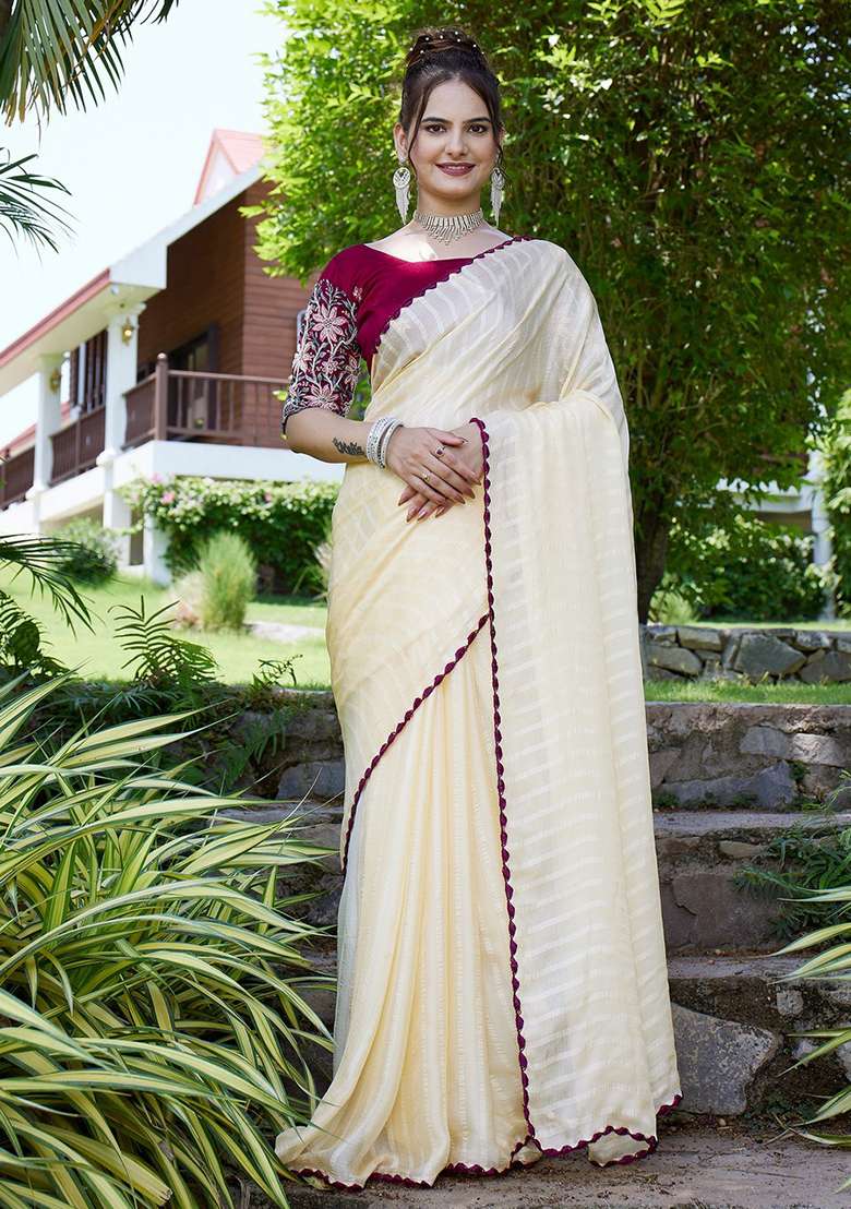 Yellow Embroidered Chiffon Saree Set - Indya