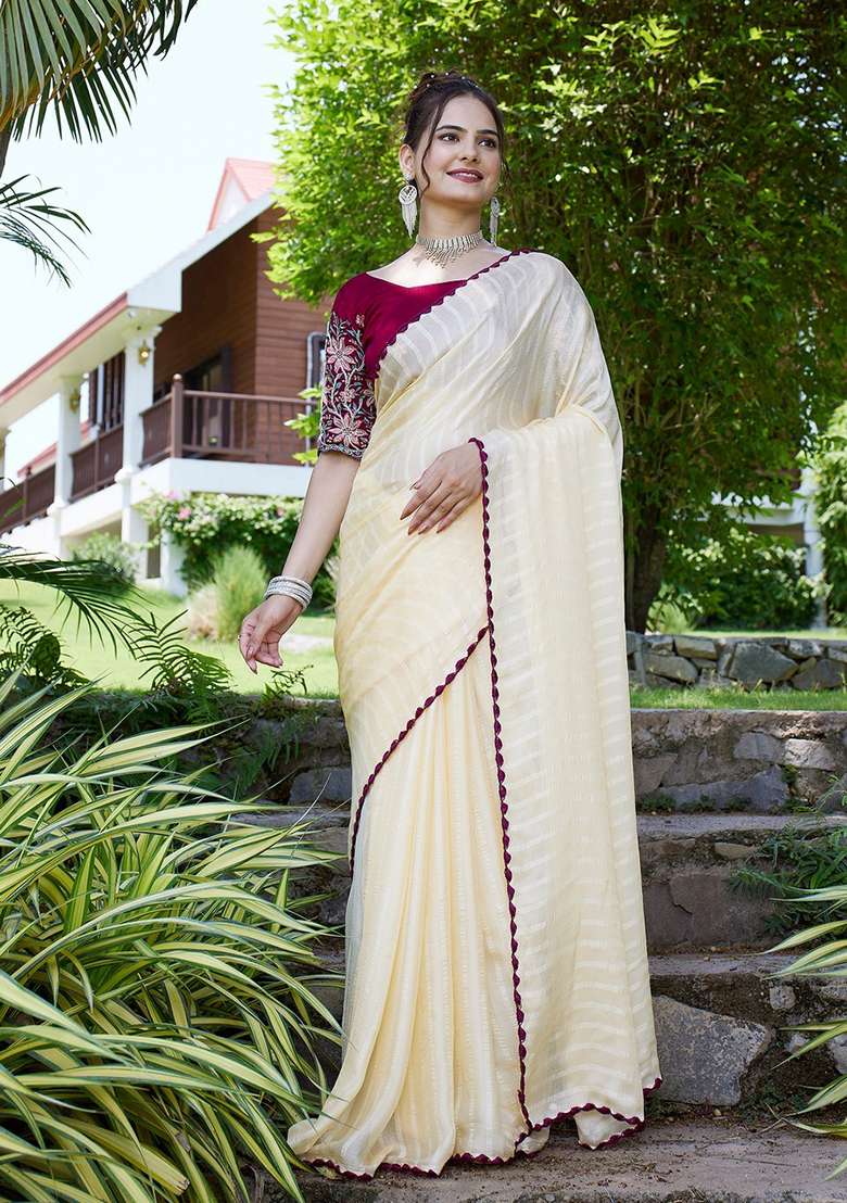 Yellow Embroidered Chiffon Saree Set - Indya