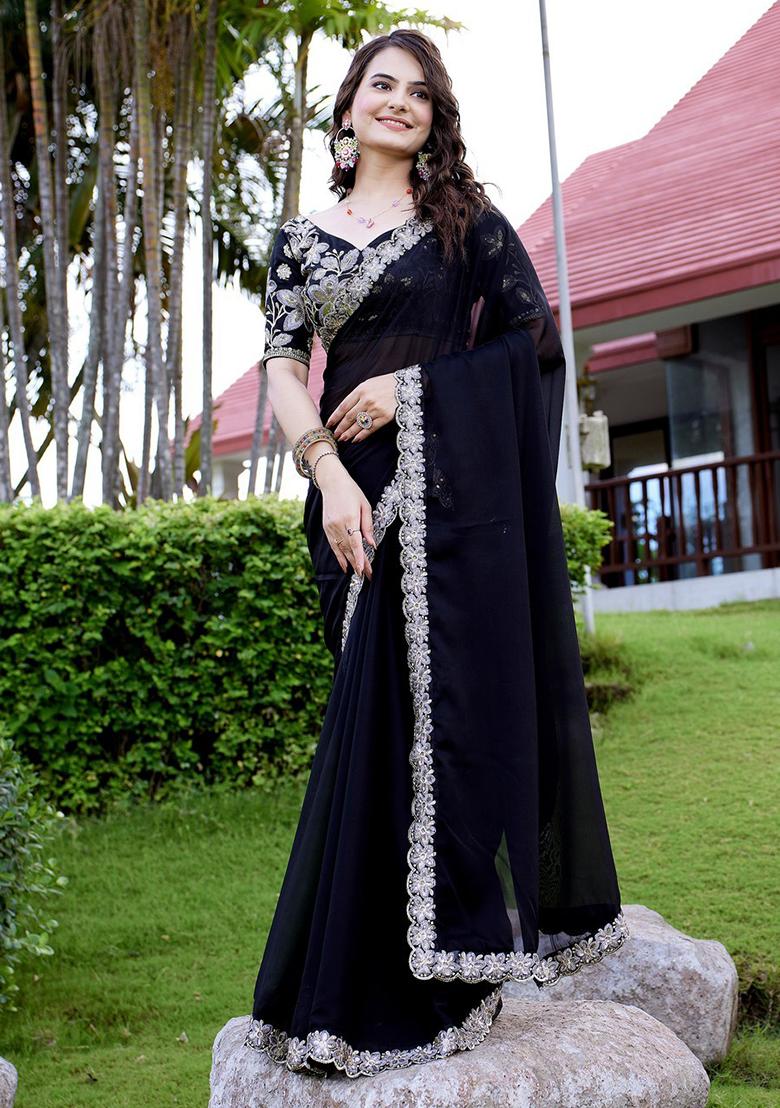 Black Embroidered Chiffon Saree Set