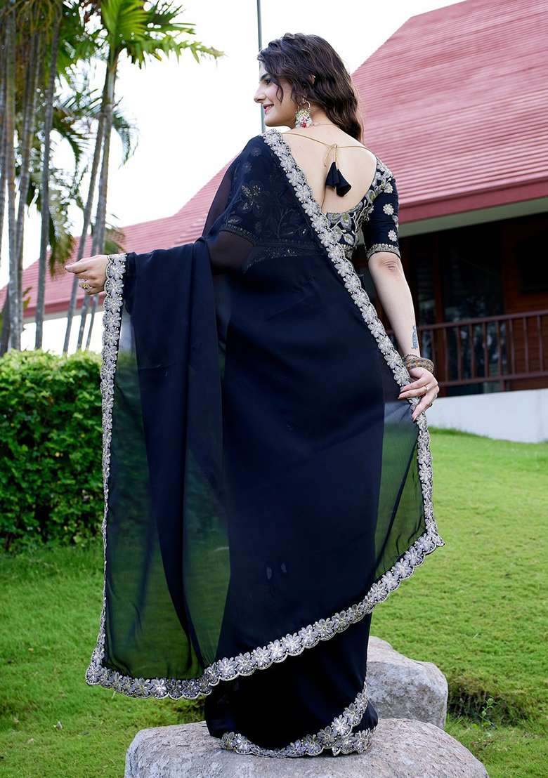 Black Embroidered Chiffon Saree Set - Indya