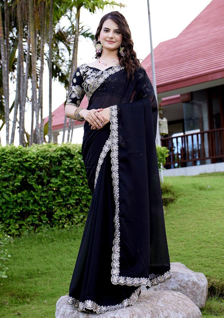 Black Embroidered Chiffon Saree Set