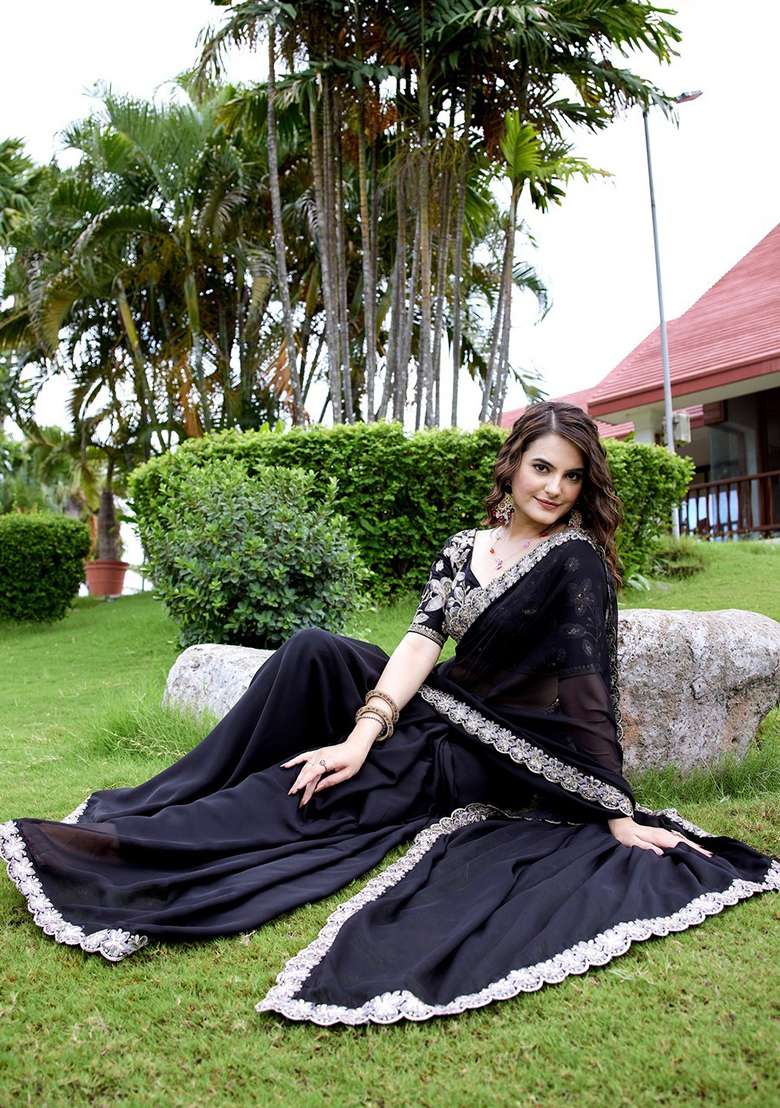 Black Embroidered Chiffon Saree Set - Indya