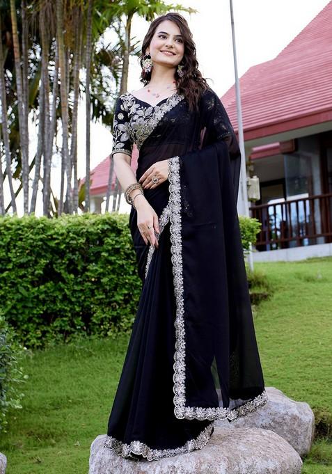 Black Embroidered Chiffon Saree Set